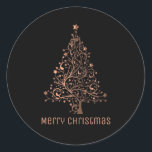 Merry Christmas Tree Zwart Metallic Bruin Koper Ronde Sticker<br><div class="desc">Vrolijke Kersttekst Kerstboom Sterren Zwarte Achtergrond Glanzend Metallic Bruin Koper Chic Stickers</div>