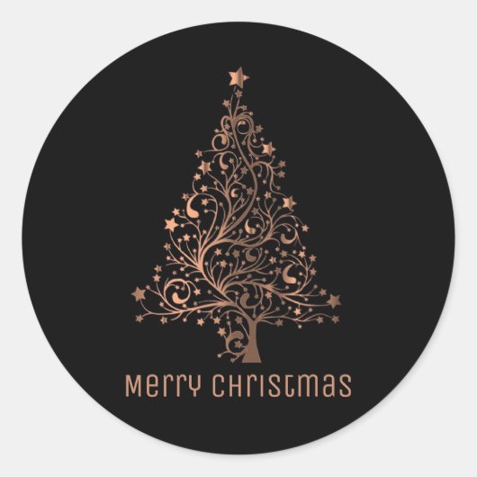 Merry Christmas Tree Zwart Metallic Bruin Koper Ronde Sticker (Voorkant)