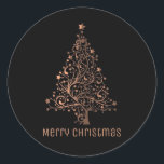 Merry Christmas Tree Zwart Metallic Bruin Koper Ronde Sticker<br><div class="desc">Vrolijke Kersttekst Kerstboom Sterren Zwarte Achtergrond Glanzend Metallic Bruin Koper Chic Stickers</div>