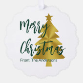 Merry Christmas Trees Groen Goud Script Van Naam Ornament Kaart (Voorkant)