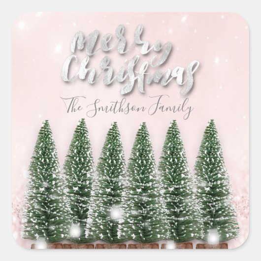 Merry Christmas Trees Lights Roze Glitter Naam Vierkante Sticker (Voorkant)