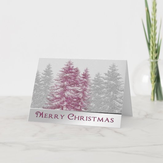 MERRY CHRISTMAS - TREES-SNOW-PINK-SILVER/GRAY FEESTDAGEN KAART (Voorkant)