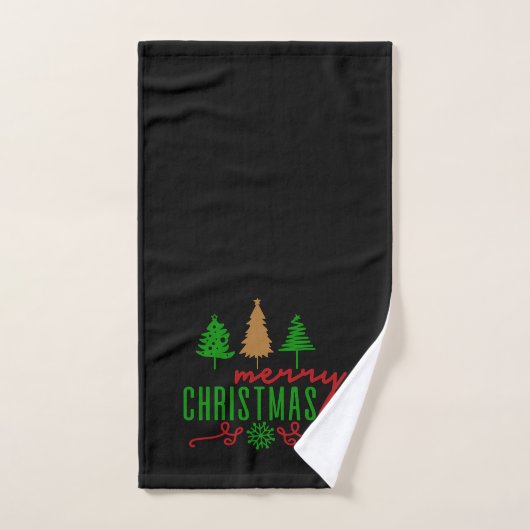 Merry Christmas Trees Text On Black Bad Handdoek (Handdoek)