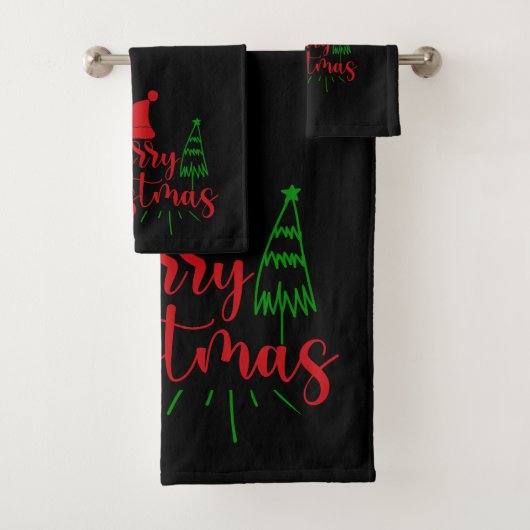 Merry Christmas Trees Text On Black Bad Handdoek (Insitu)