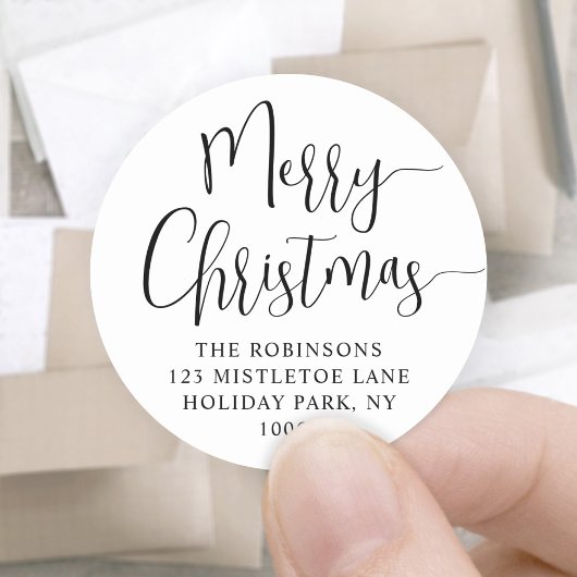 Merry Christmas Trendy Script Round Return Adres Ronde Sticker