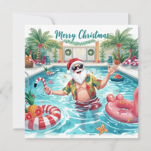 Merry Christmas Tropical Santa Summer Pool Party Feestdagenkaart (Voorkant)