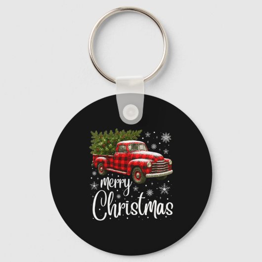 Merry Christmas Truck Buffalo Plaid Xmas Tree Men Sleutelhanger (Voorkant)