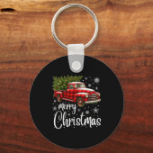 Merry Christmas Truck Buffalo Plaid Xmas Tree Men Sleutelhanger (Voorkant)