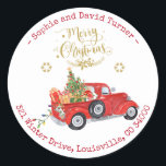 Merry Christmas Truck Circular Return Adres Ronde Sticker<br><div class="desc">Elegante gouden vrolijke kersttypografie,  gouden sneeuwvlokken,  aquarel kersttruck met cadeaus,  op een witte achtergrond. Gebruik de tool Personaliseren om uw gegevens toe te voegen. Ga voor meer overeenkomende objecten naar Mijn dromerig Collectie voor kerstmis.</div>