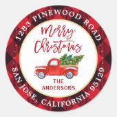 Merry Christmas Truck Rood Plaid Retouradres Ronde Sticker (Voorkant)