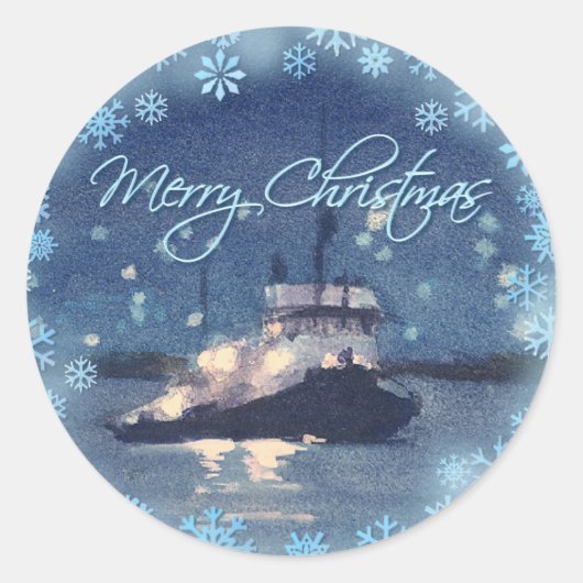 MERRY CHRISTMAS TUG BOAT VAN SHARON SHARPE RONDE STICKER (Voorkant)