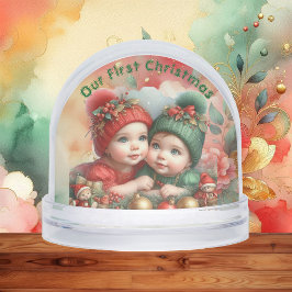 Merry Christmas Two Babies Family Photo Red Green  Sneeuwbol