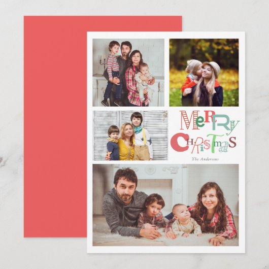 Merry Christmas Typografie 4 Fotocollage Roze Kaart (Voorkant / Achterkant)