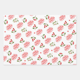 Merry Christmas Typography Red Berries Foliage Inpakpapier Vel