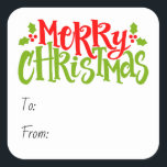 Merry Christmas Typography Red Green Holly Vierkante Sticker<br><div class="desc">Een vrolijk ontwerp met de woorden "Vrolijk kerstfeest" in rode en groene typografische tekst met takjes van hulst en rode bessen aan weerszijden. U kunt de tekst personaliseren door de tekstvakken te bewerken en vervolgens eenvoudig toe te voegen aan een traktasje of cadeau. Het maken van kerstcadeau geven plezier, snel...</div>