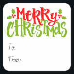 Merry Christmas Typography Red Green Holly Vierkante Sticker<br><div class="desc">Een vrolijk ontwerp met de woorden "Vrolijk kerstfeest" in rode en groene typografische tekst met takjes van hulst en rode bessen aan weerszijden. U kunt de tekst personaliseren door de tekstvakken te bewerken en vervolgens eenvoudig toe te voegen aan een traktasje of cadeau. Het maken van kerstcadeau geven plezier, snel...</div>