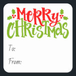 Merry Christmas Typography Red Green Holly Vierkante Sticker<br><div class="desc">Een vrolijk ontwerp met de woorden "Vrolijk kerstfeest" in rode en groene typografische tekst met takjes van hulst en rode bessen aan weerszijden. U kunt de tekst personaliseren door de tekstvakken te bewerken en vervolgens eenvoudig toe te voegen aan een traktasje of cadeau. Het maken van kerstcadeau geven plezier, snel...</div>