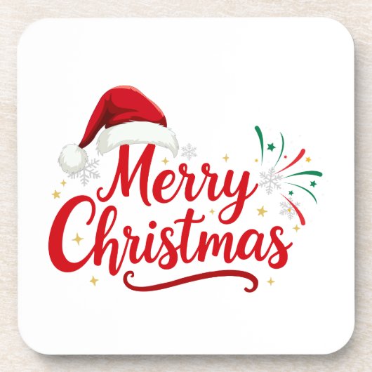 Merry Christmas Typography with Santa Hat and Snow Bier Onderzetter (Voorkant)
