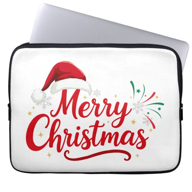 Merry Christmas Typography with Santa Hat and Snow Laptop Sleeve (Voorkant)