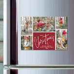 Merry Christmas Vijf foto's Magnetische Kaart<br><div class="desc">Multi foto kerstvakantie MAGNETISCHE kaarten zijn voorzien van uw namen en de woorden Vrolijk kerstfeest in chique belettering op een faux rode glitter achtergrond. Meer DESIGN in onze winkel.</div>