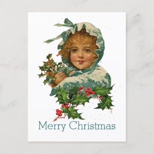 Merry Christmas Vintage Victorian Holly Girl Feestdagenkaart