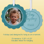 Merry Christmas voeg foto familienaam blauw toe Ornament Kaart<br><div class="desc">Personaliseer deze 'Merry Christmas' ornament kaart met een foto op de voorkant en je familienaam op de achterkant. Wordt geleverd met een handig lint om op te hangen,  waardoor ze gemakkelijk te tonen en te genieten zijn. Blauw en wit.</div>