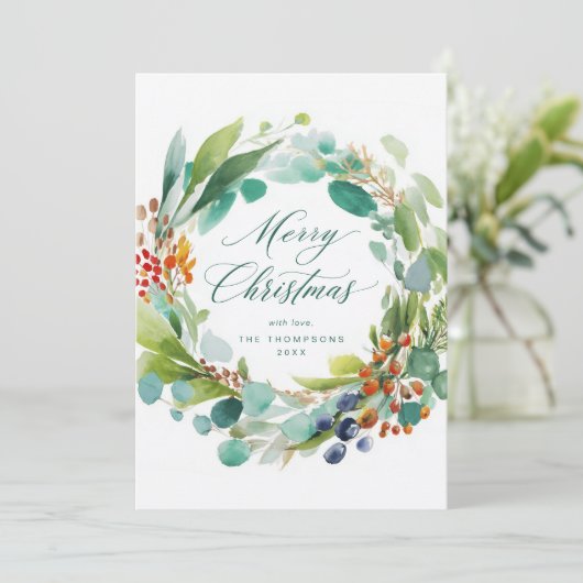 Merry Christmas Watercolor Botanical Feestdagenkaart (Staand voorkant)