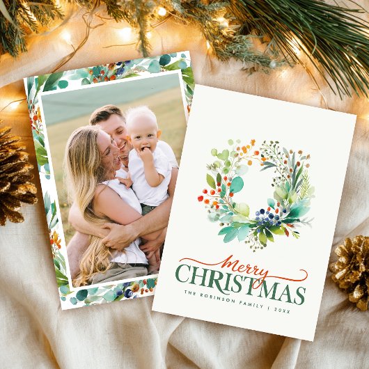 Merry Christmas Watercolor Greenery Photo Feestdagenkaart