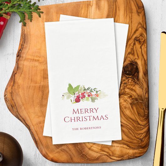 Merry Christmas Watercolor Holly Berry Servet