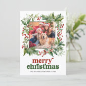 Merry Christmas Watercolor Holly Frame Photo Feestdagenkaart (Staand voorkant)
