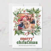 Merry Christmas Watercolor Holly Frame Photo Feestdagenkaart (Voorkant)