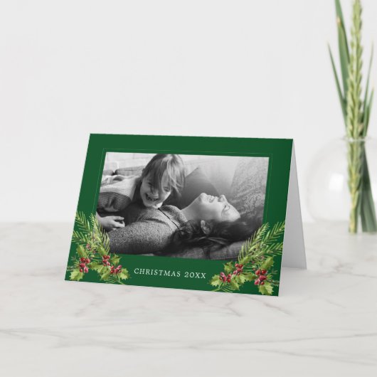 Merry Christmas | Watercolor Holly & Pines Feestdagen Kaart (Voorkant)