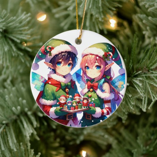 Merry Christmas Waterverf Anime Elves Personaliser Keramisch Ornament (Boom)
