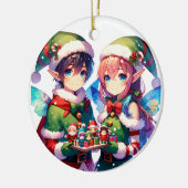 Merry Christmas Waterverf Anime Elves Personaliser Keramisch Ornament (Links)