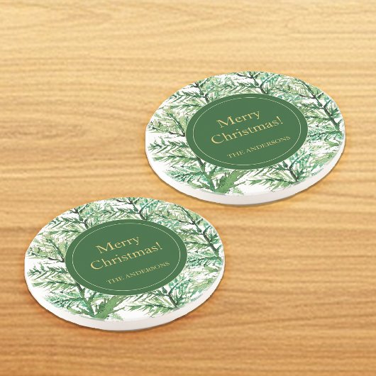 Merry Christmas Waterverf Art Tree gepersonaliseer Zandsteen Onderzetter