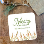 Merry Christmas Waterverf Botanische aangepaste na Vierkante Sticker<br><div class="desc">Voeg jouw naam of eigen woorden toe aan deze unieke sticker voor kerstvakantie met gedroogde bloemen. Eenvoudige, grillige, hand geschilderde originele aarde getinte wilde bloemen op een witte achtergrond. Moderne, elegante typografie Vrolijk kerstfeest in het groen. U kunt alle tekst aanpassen. Personaliseer met uw familienaam, of voeg andere tekst van...</div>