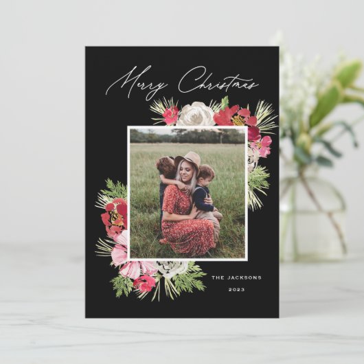 Merry Christmas Waterverf Flower Black Feestdagenkaart (Staand voorkant)