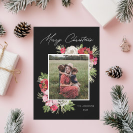 Merry Christmas Waterverf Flower Black Feestdagenkaart