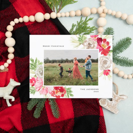 Merry Christmas Waterverf Flower Feestdagenkaart