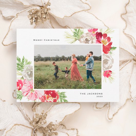 Merry Christmas Waterverf Flower Feestdagenkaart