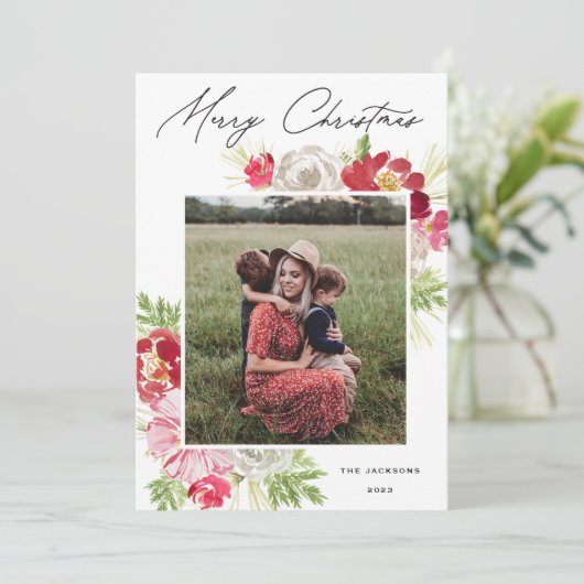 Merry Christmas Waterverf Flower Feestdagenkaart (Staand voorkant)