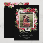 Merry Christmas Waterverf Flower Lijst Zwart Feestdagenkaart (Voorkant / Achterkant)