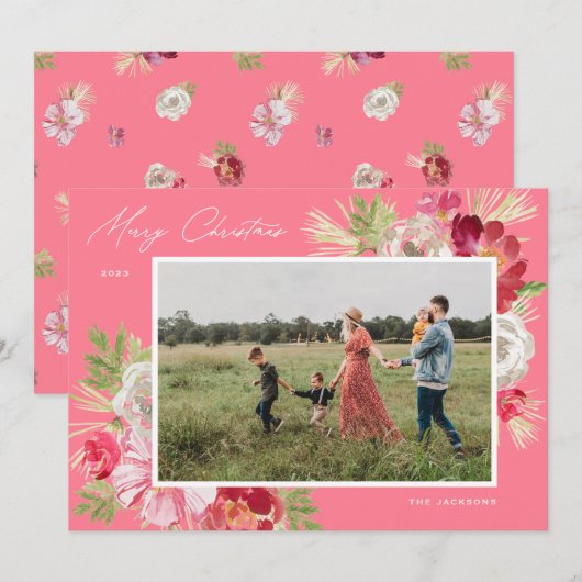 Merry Christmas Waterverf Flower Pink Feestdagenkaart (Voorkant / Achterkant)
