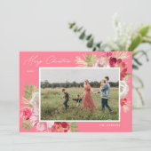 Merry Christmas Waterverf Flower Pink Feestdagenkaart (Staand voorkant)