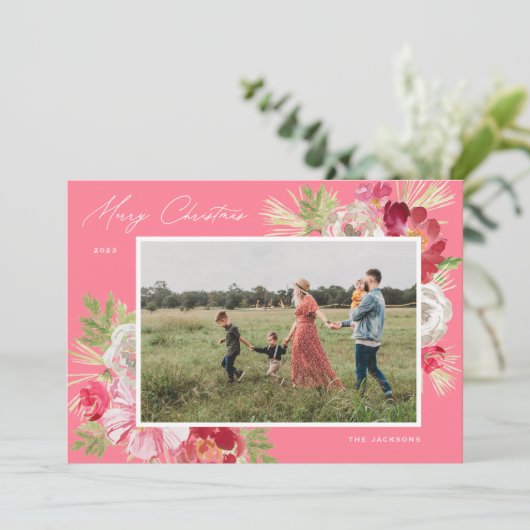Merry Christmas Waterverf Flower Pink Feestdagenkaart (Staand voorkant)
