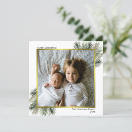 Merry Christmas Waterverf Pine Sage & Gold Foto Feestdagenkaart