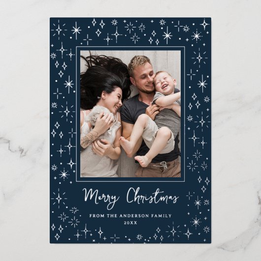 Merry Christmas Whimsical Festive Sparkling Stars Folie Feestdagenkaart (Voorkant)