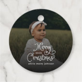 Merry Christmas Whimsical Script Baby Photo Bedankjes Labels (Achterkant)