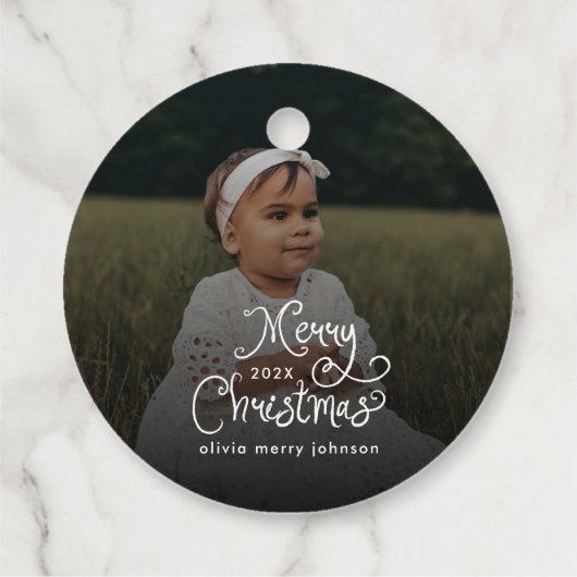 Merry Christmas Whimsical Script Baby Photo Bedankjes Labels (Achterkant)