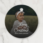 Merry Christmas Whimsical Script Baby Photo Bedankjes Labels (Voorkant)